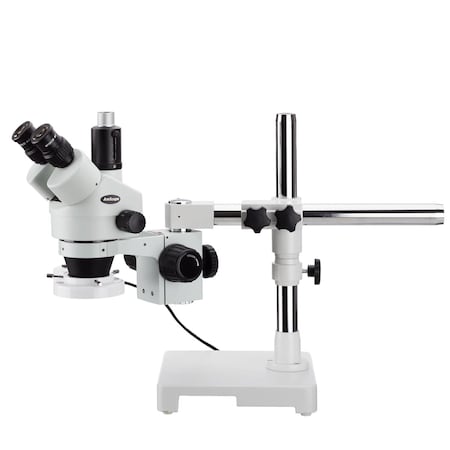 7X-45X Trinocular Single-Arm Boom Stereo Microscope, Fluorescent Ring Light